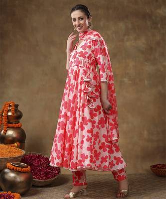 Meraki orange floral muslin anarkali set with organza dupatta 5