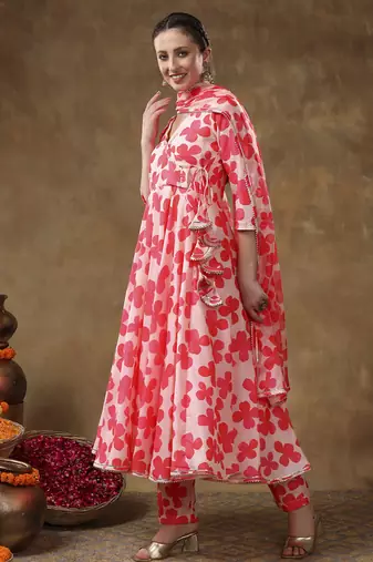 Meraki orange floral muslin anarkali set with organza dupatta