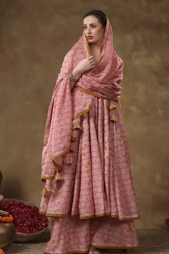 Meraki naila gotta lace work muslin angrakha set with plazo and organza dupatta