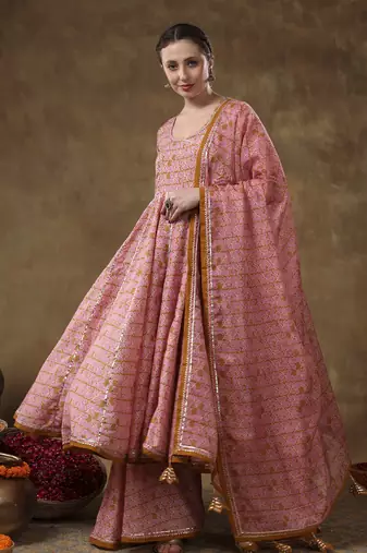 Meraki naila gotta lace work muslin angrakha set with plazo and organza dupatta