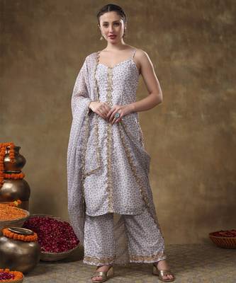 Meraki zeenat gotta lace work lavender floral kurta set with organza dupatta 1