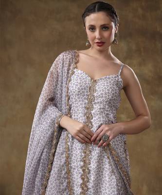 Meraki zeenat gotta lace work lavender floral kurta set with organza dupatta 2