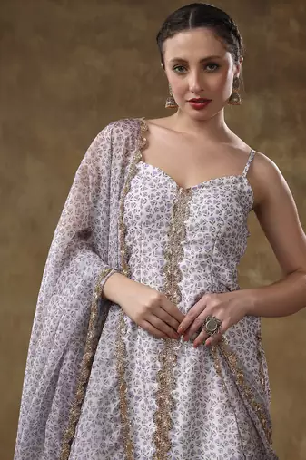Meraki zeenat gotta lace work lavender floral kurta set with organza dupatta