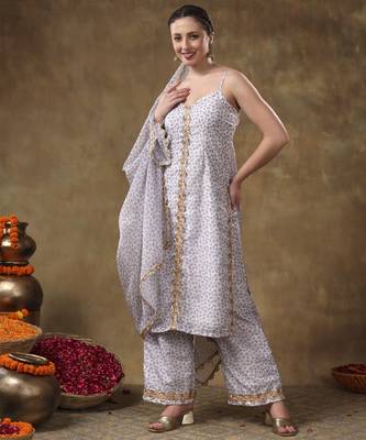 Meraki zeenat gotta lace work lavender floral kurta set with organza dupatta 3