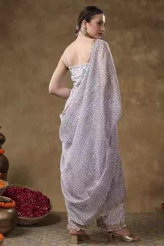 Meraki zeenat gotta lace work lavender floral kurta set with organza dupatta