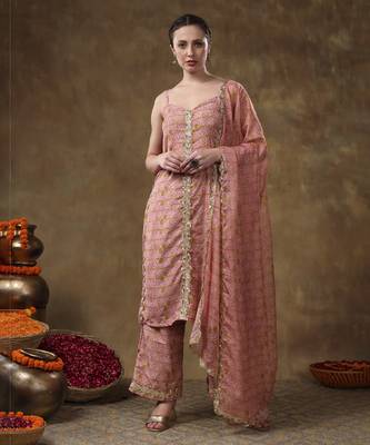 Meraki naila gotta lace work light brown kurta set with organza dupatta 1