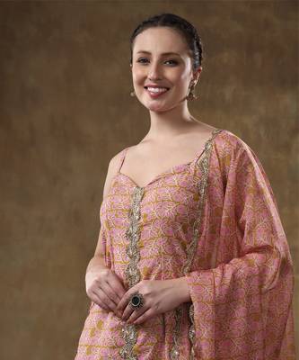 Meraki naila gotta lace work light brown kurta set with organza dupatta 2