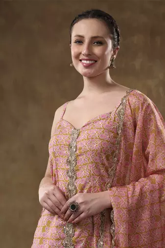 Meraki naila gotta lace work light brown kurta set with organza dupatta