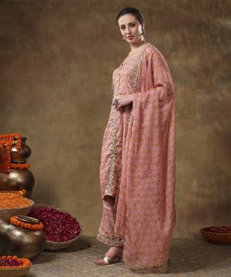 Meraki naila gotta lace work light brown kurta set with organza dupatta 3