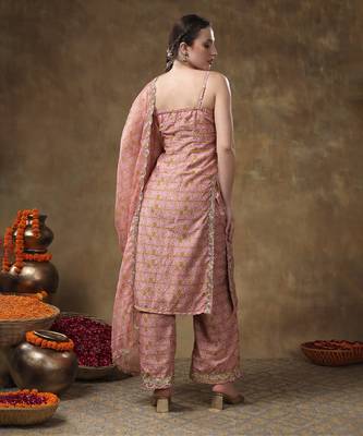 Meraki naila gotta lace work light brown kurta set with organza dupatta 4