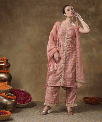 Meraki naila gotta lace work light brown kurta set with organza dupatta 5