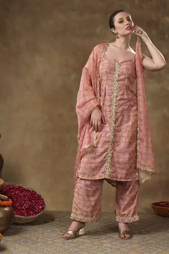 Meraki naila gotta lace work light brown kurta set with organza dupatta