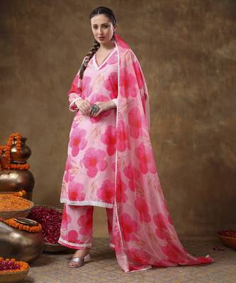 Meraki maya floral pink muslin kurta set with organza dupatta 1