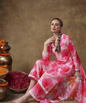 Meraki maya floral pink muslin kurta set with organza dupatta 2