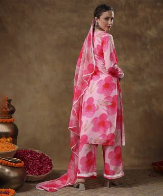 Meraki maya floral pink muslin kurta set with organza dupatta 3