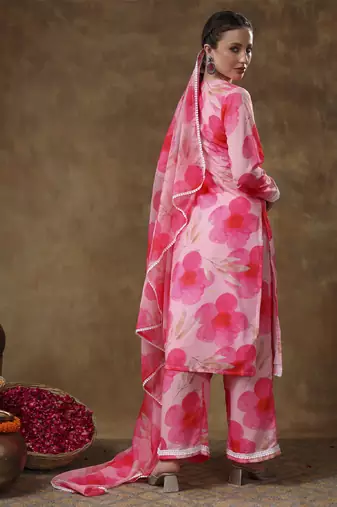 Meraki maya floral pink muslin kurta set with organza dupatta