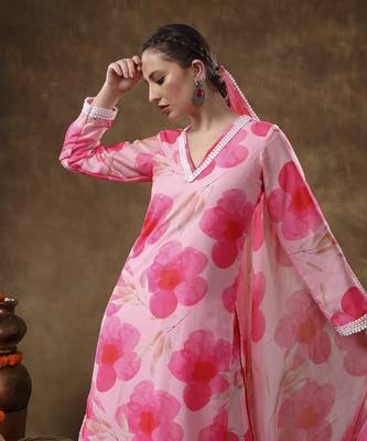 Meraki maya floral pink muslin kurta set with organza dupatta 4