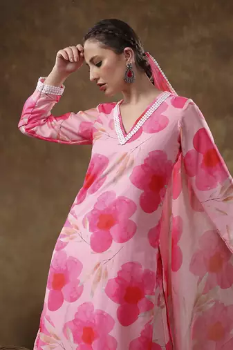 Meraki maya floral pink muslin kurta set with organza dupatta