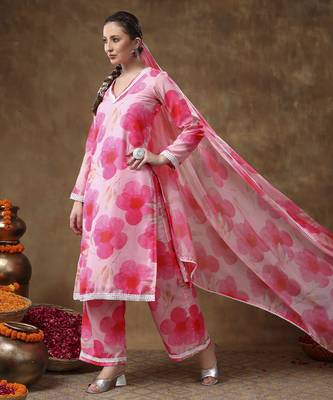 Meraki maya floral pink muslin kurta set with organza dupatta 5