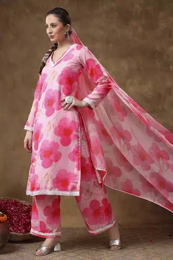 Meraki maya floral pink muslin kurta set with organza dupatta