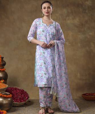 Meraki jiya lavender floral kurta set with organza dupatta 1