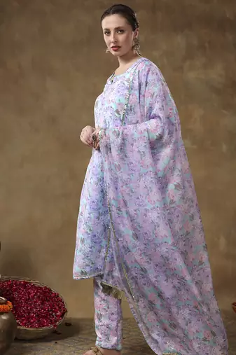 Meraki jiya lavender floral kurta set with organza dupatta