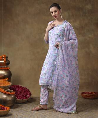 Meraki jiya lavender floral kurta set with organza dupatta 3