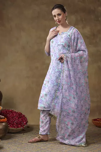 Meraki jiya lavender floral kurta set with organza dupatta