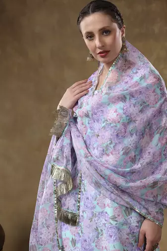 Meraki jiya lavender floral kurta set with organza dupatta