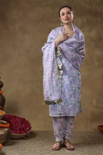 Meraki jiya lavender floral kurta set with organza dupatta