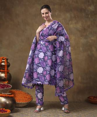 Meraki gulbano purple floral print muslin kurta set with organza dupatta 1