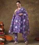 Meraki gulbano purple floral print muslin kurta set with organza dupatta
