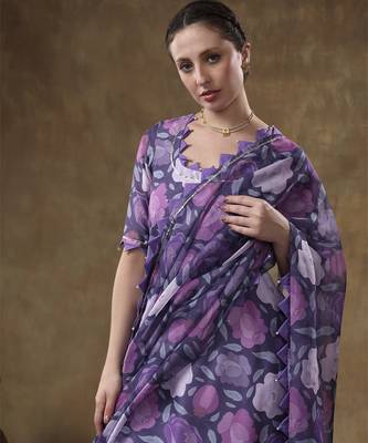 Meraki gulbano purple floral print muslin kurta set with organza dupatta 2