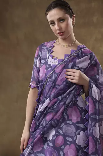 Meraki gulbano purple floral print muslin kurta set with organza dupatta