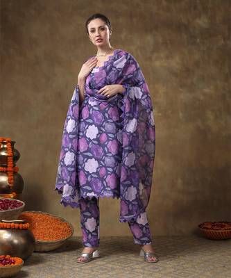 Meraki gulbano purple floral print muslin kurta set with organza dupatta 3