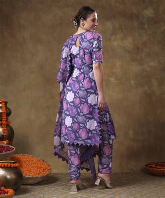 Meraki gulbano purple floral print muslin kurta set with organza dupatta 4