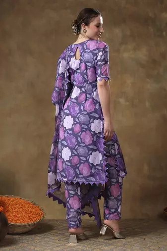Meraki gulbano purple floral print muslin kurta set with organza dupatta