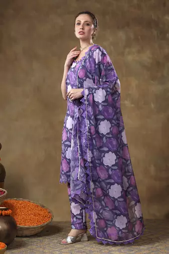 Meraki gulbano purple floral print muslin kurta set with organza dupatta