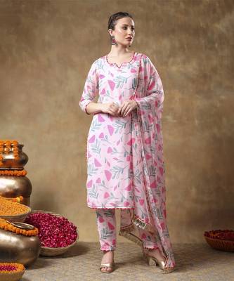 Meraki aamira pink floral muslin kurta set with organza dupatta 1