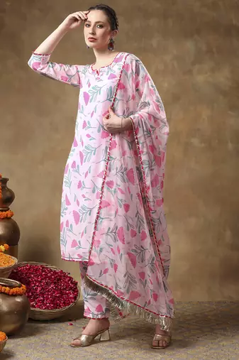 Meraki aamira pink floral muslin kurta set with organza dupatta