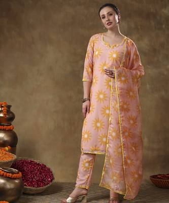 Meraki naila peach muslin printed kurta set with organza dupatta 5