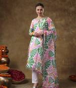Meraki omera pink floral print muslin kurta set with organza dupatta
