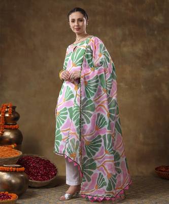 Meraki omera pink floral print muslin kurta set with organza dupatta 2
