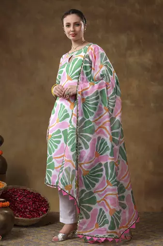 Meraki omera pink floral print muslin kurta set with organza dupatta
