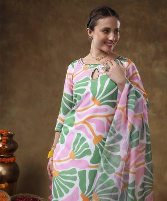 Meraki omera pink floral print muslin kurta set with organza dupatta 5