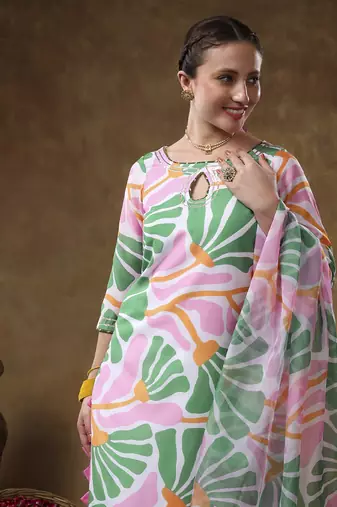 Meraki omera pink floral print muslin kurta set with organza dupatta