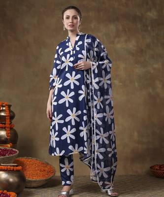 Meraki white flower blue muslin kurta set with organza dupatta 1