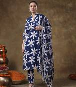 Meraki white flower blue muslin kurta set with organza dupatta