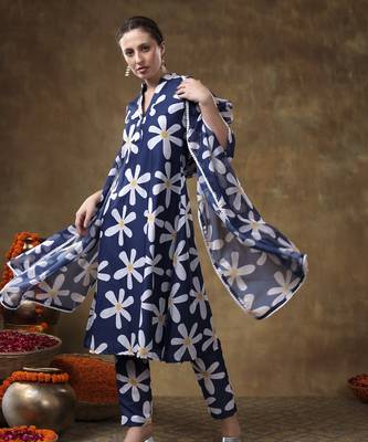 Meraki white flower blue muslin kurta set with organza dupatta 2