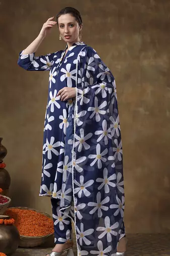 Meraki white flower blue muslin kurta set with organza dupatta